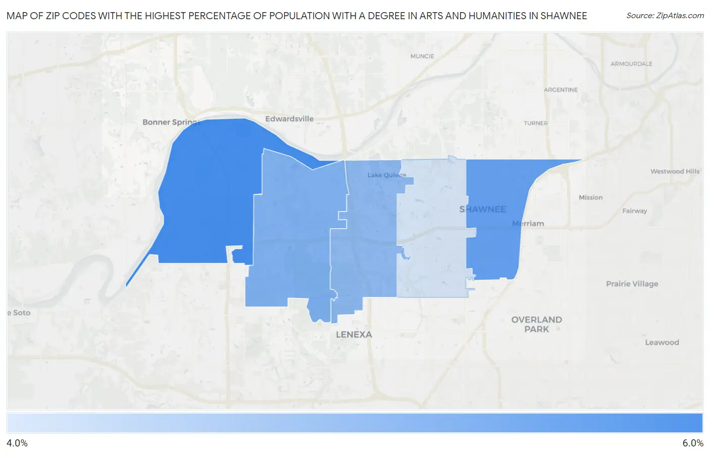 Zip Codes with the Highest Percentage of Population with a Degree in Arts and Humanities in Shawnee Map