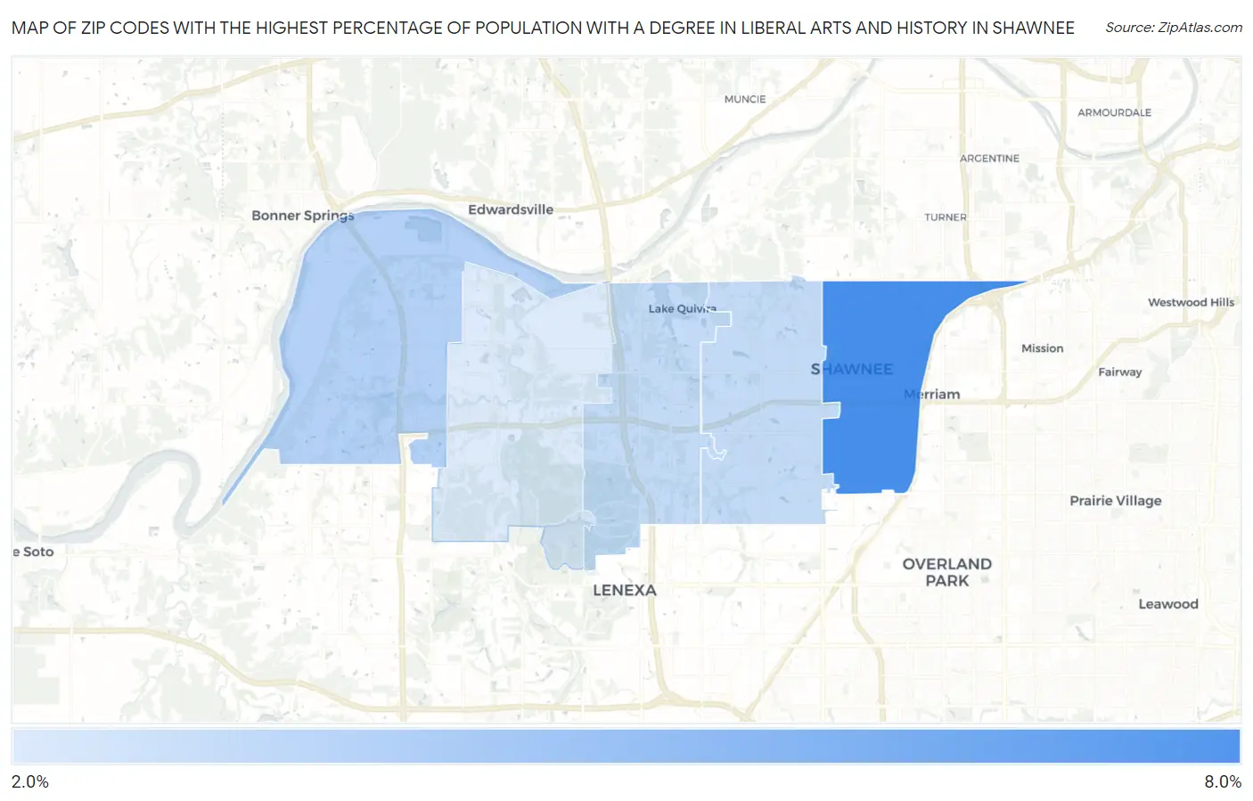 Zip Codes with the Highest Percentage of Population with a Degree in Liberal Arts and History in Shawnee Map