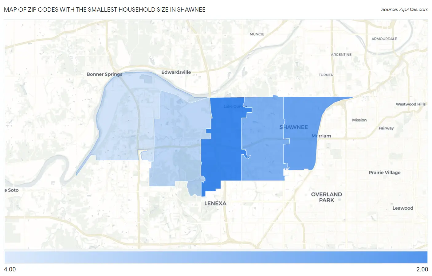Zip Codes with the Smallest Household Size in Shawnee Map
