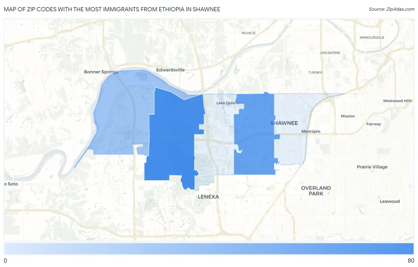 Zip Codes with the Most Immigrants from Ethiopia in Shawnee Map