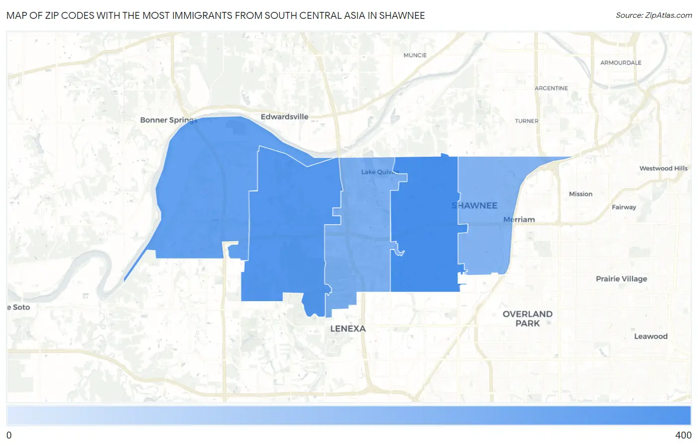 Zip Codes with the Most Immigrants from South Central Asia in Shawnee Map