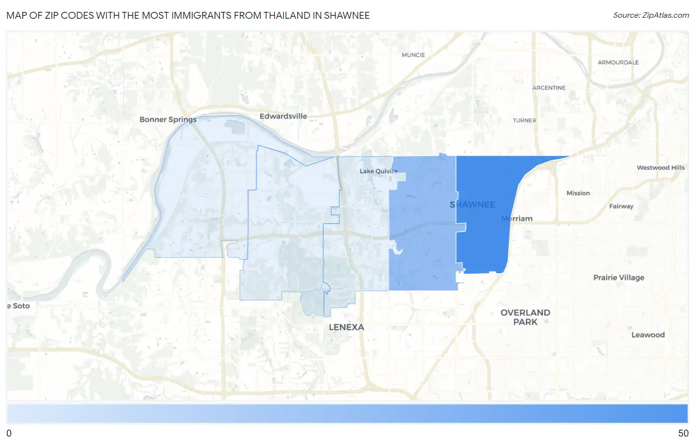 Zip Codes with the Most Immigrants from Thailand in Shawnee Map