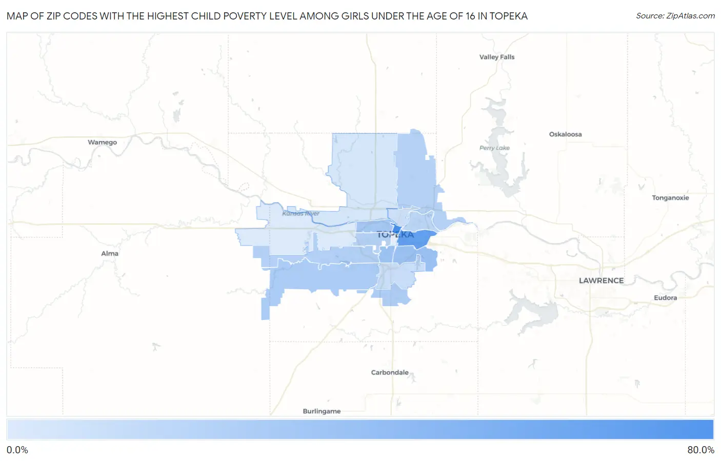Zip Codes with the Highest Child Poverty Level Among Girls Under the Age of 16 in Topeka Map
