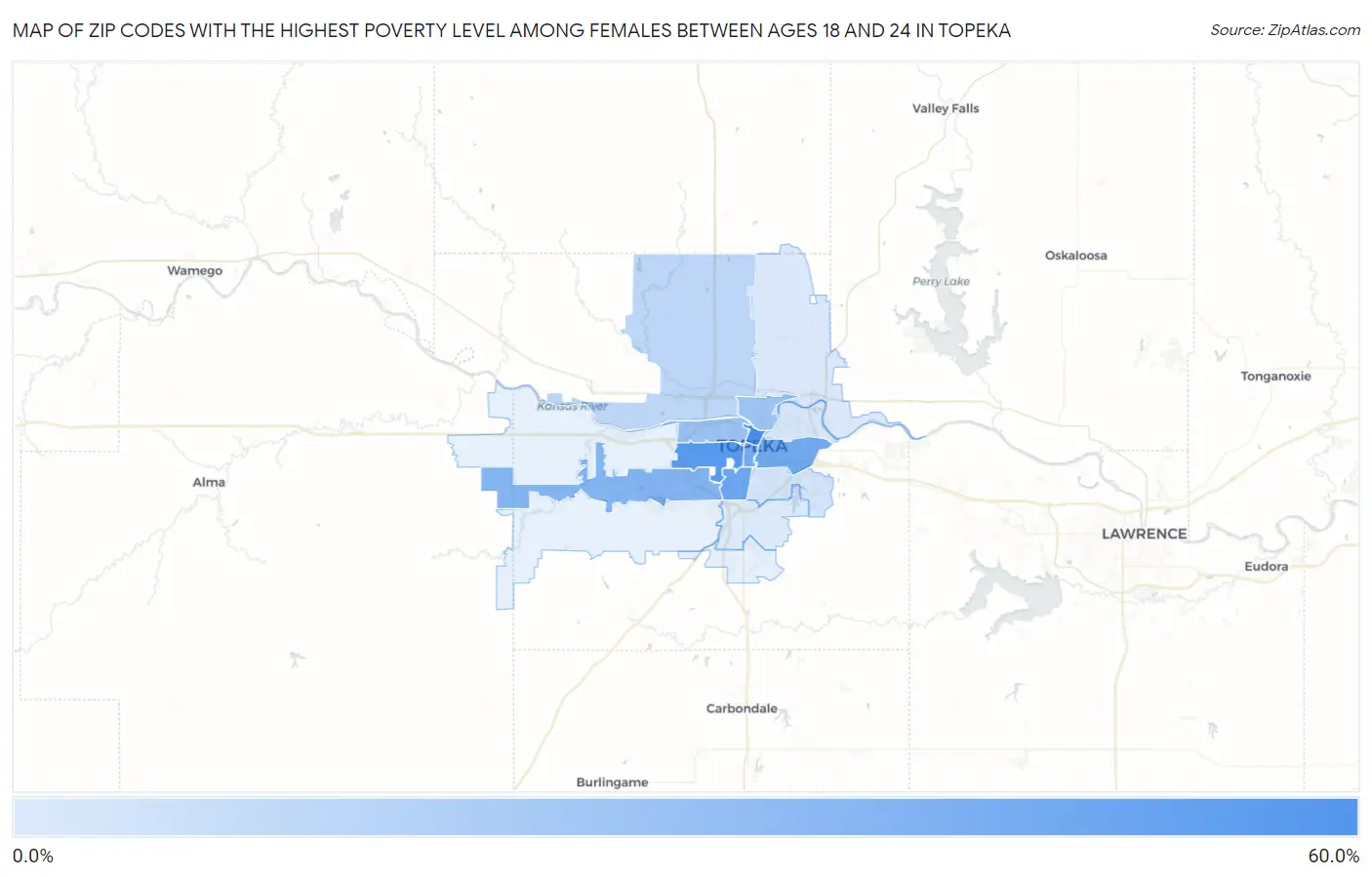 Zip Codes with the Highest Poverty Level Among Females Between Ages 18 and 24 in Topeka Map