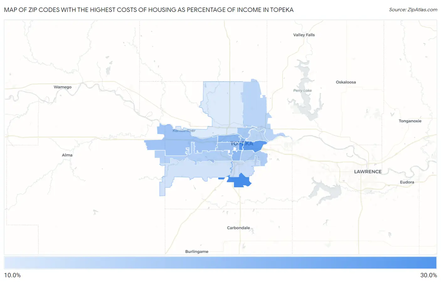 Zip Codes with the Highest Costs of Housing as Percentage of Income in Topeka Map