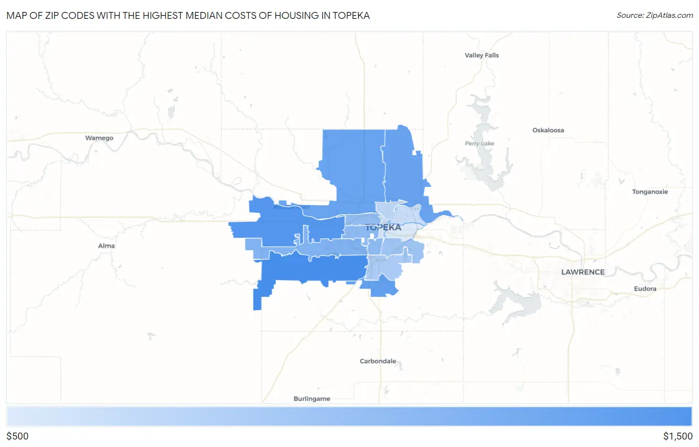 Zip Codes with the Highest Median Costs of Housing in Topeka Map