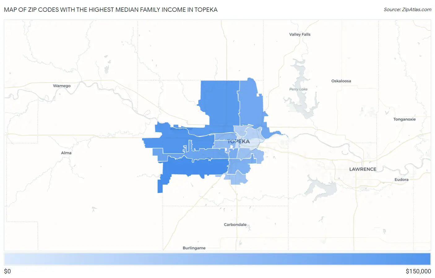 Zip Codes with the Highest Median Family Income in Topeka Map