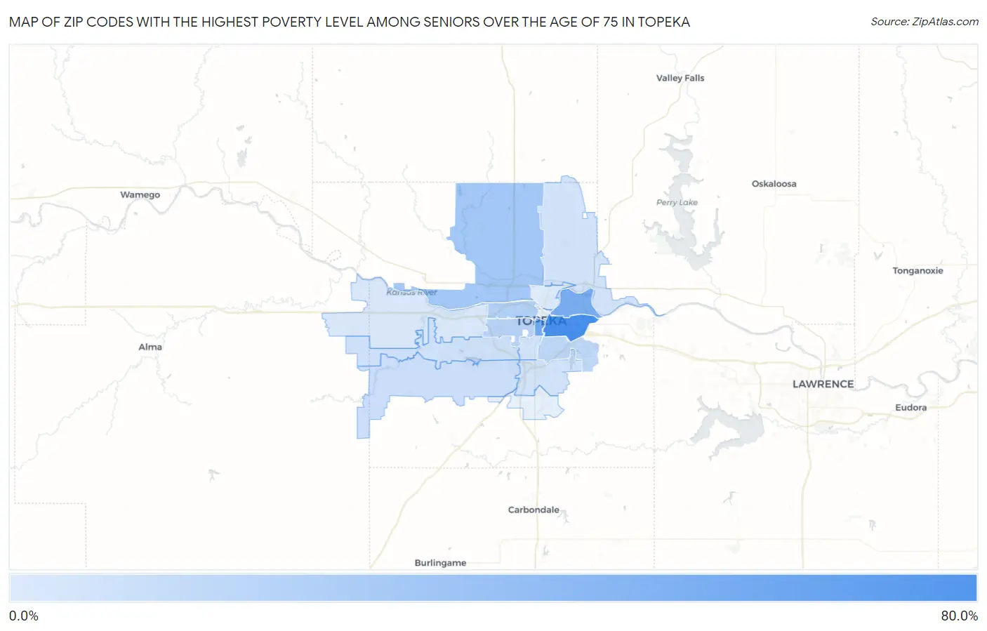 Zip Codes with the Highest Poverty Level Among Seniors Over the Age of 75 in Topeka Map
