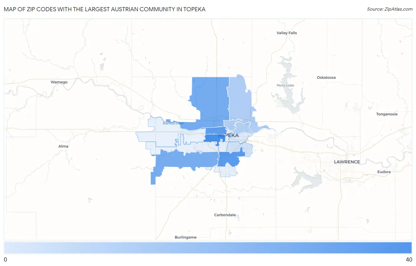Zip Codes with the Largest Austrian Community in Topeka Map