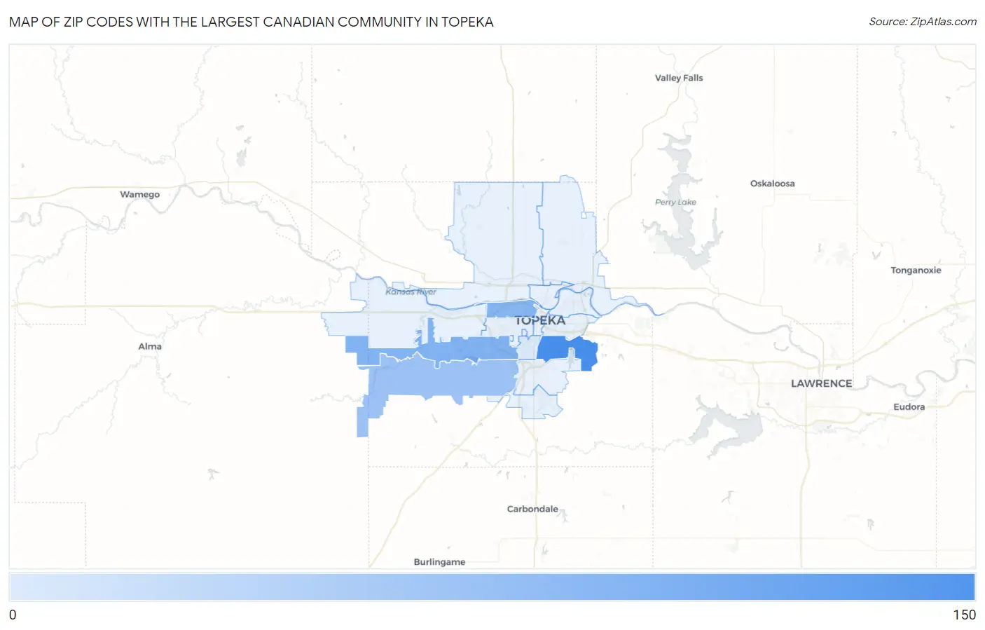 Zip Codes with the Largest Canadian Community in Topeka Map