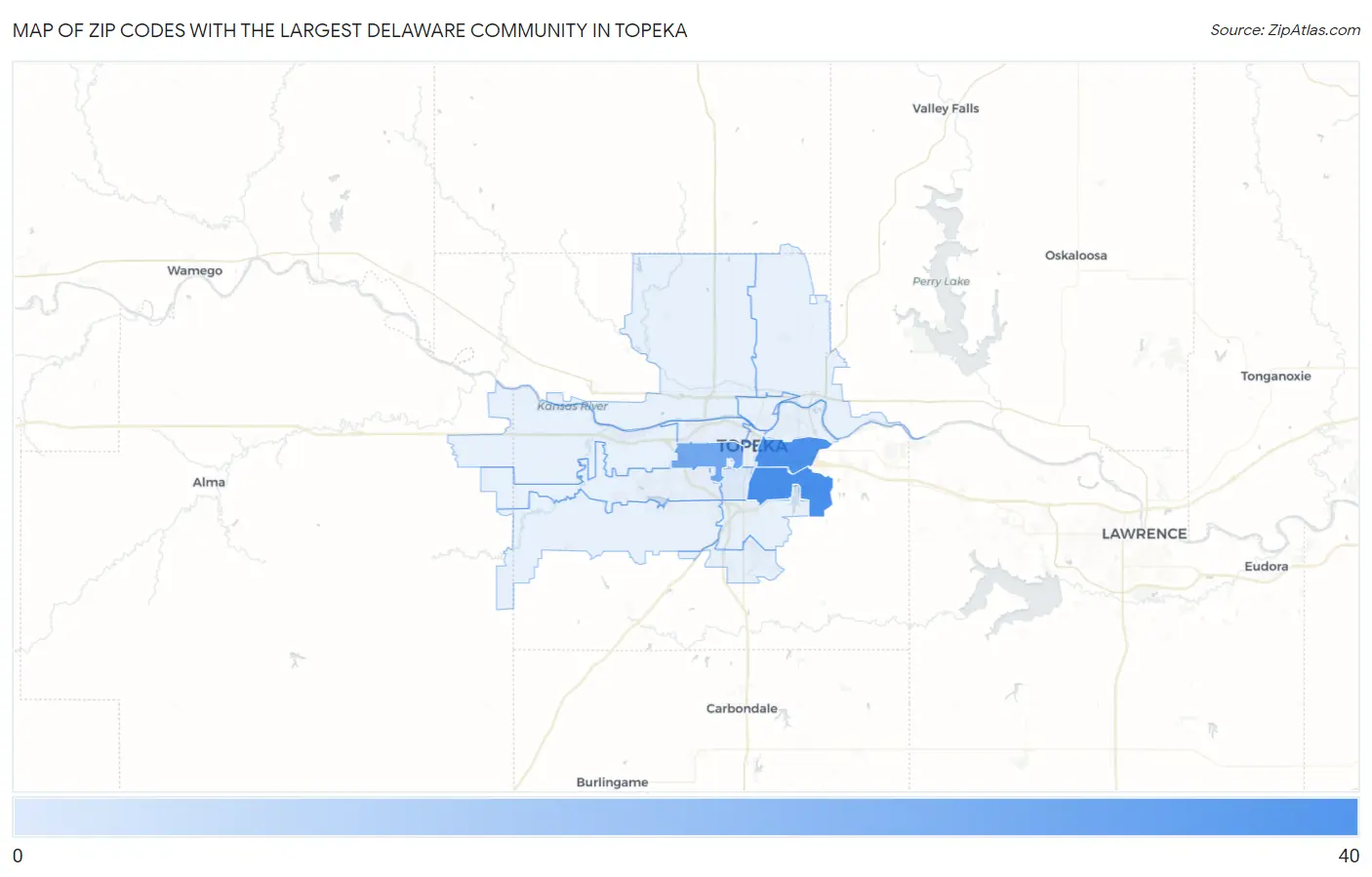 Zip Codes with the Largest Delaware Community in Topeka Map