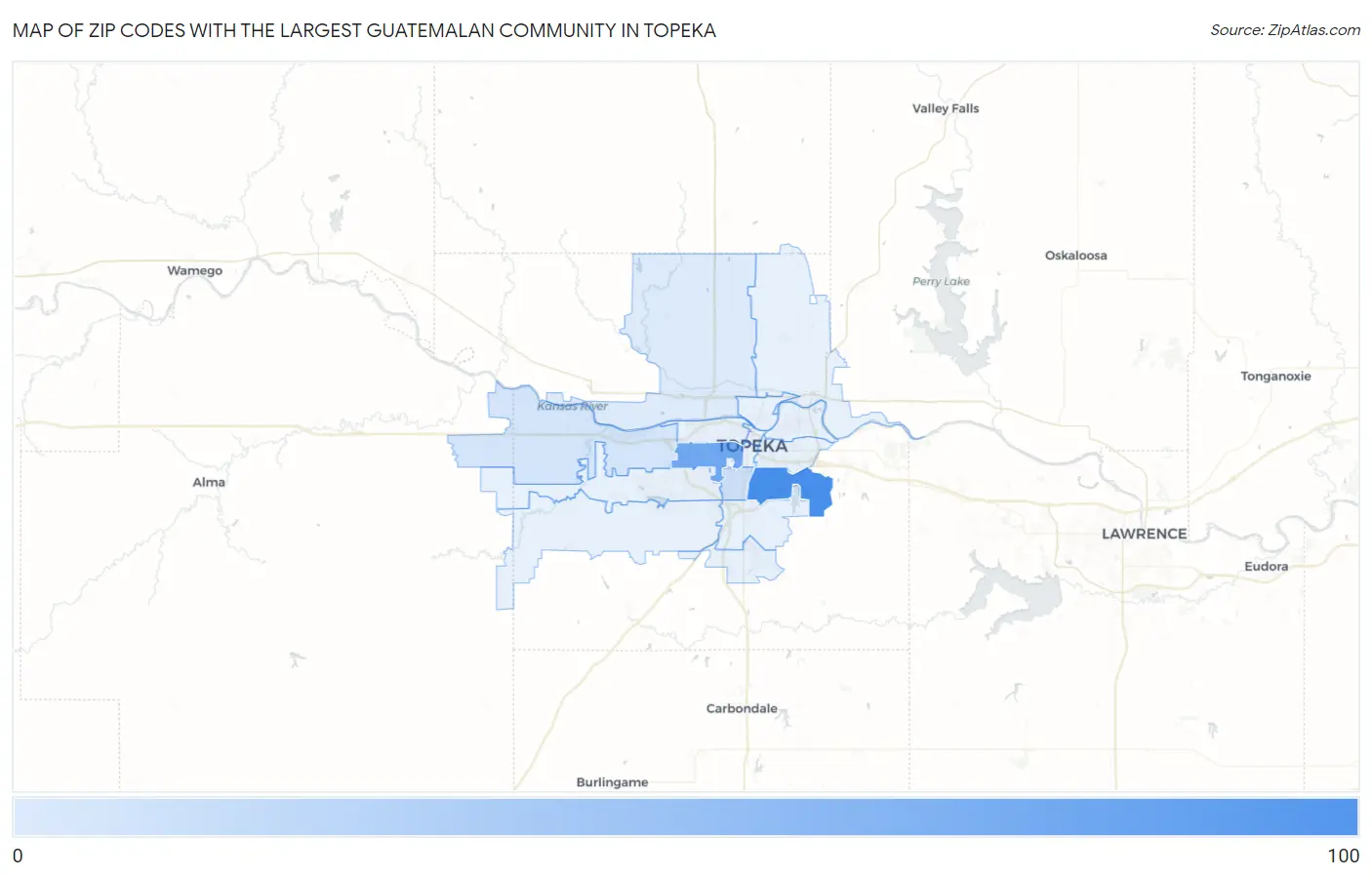 Zip Codes with the Largest Guatemalan Community in Topeka Map