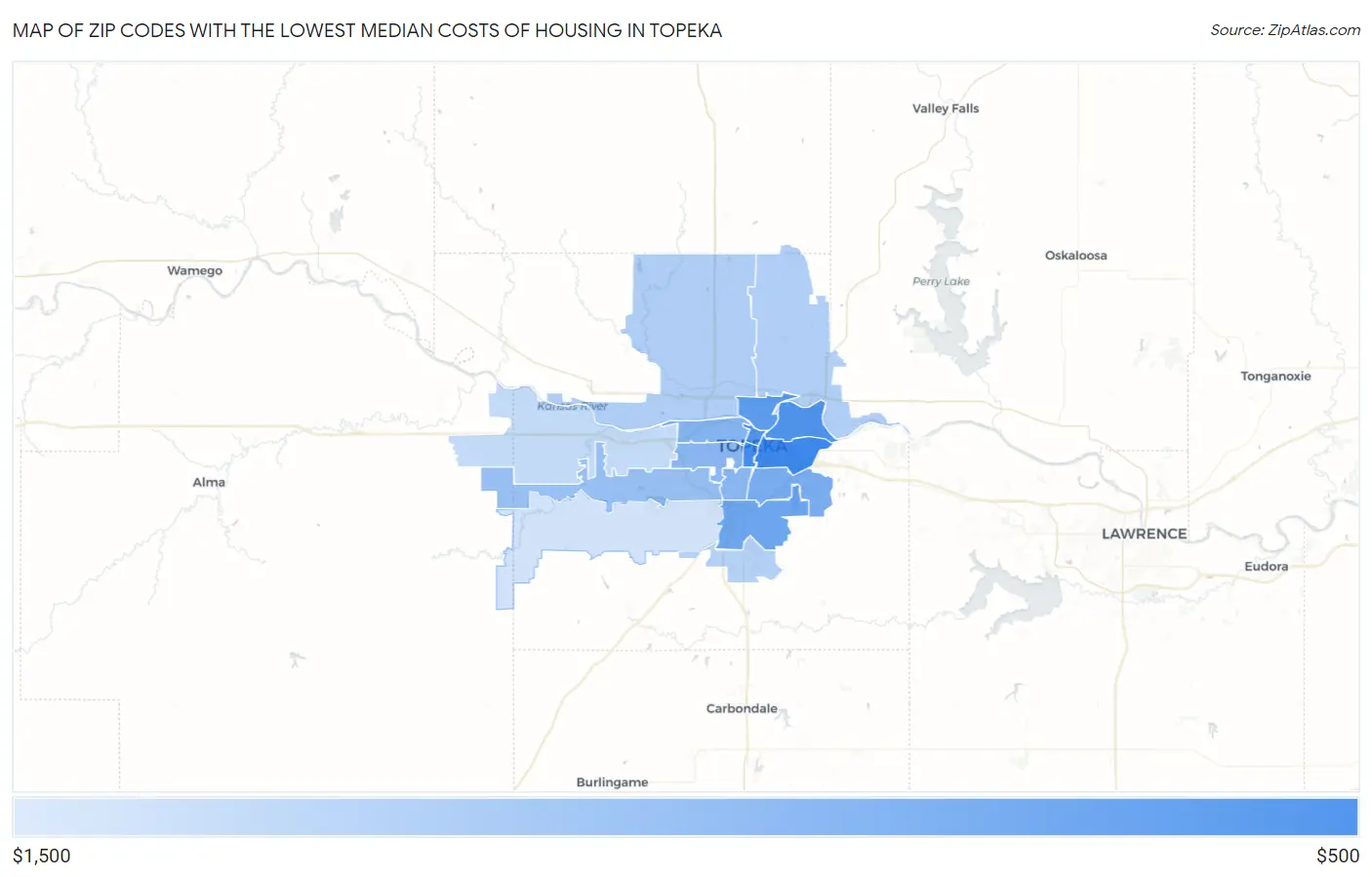 Zip Codes with the Lowest Median Costs of Housing in Topeka Map