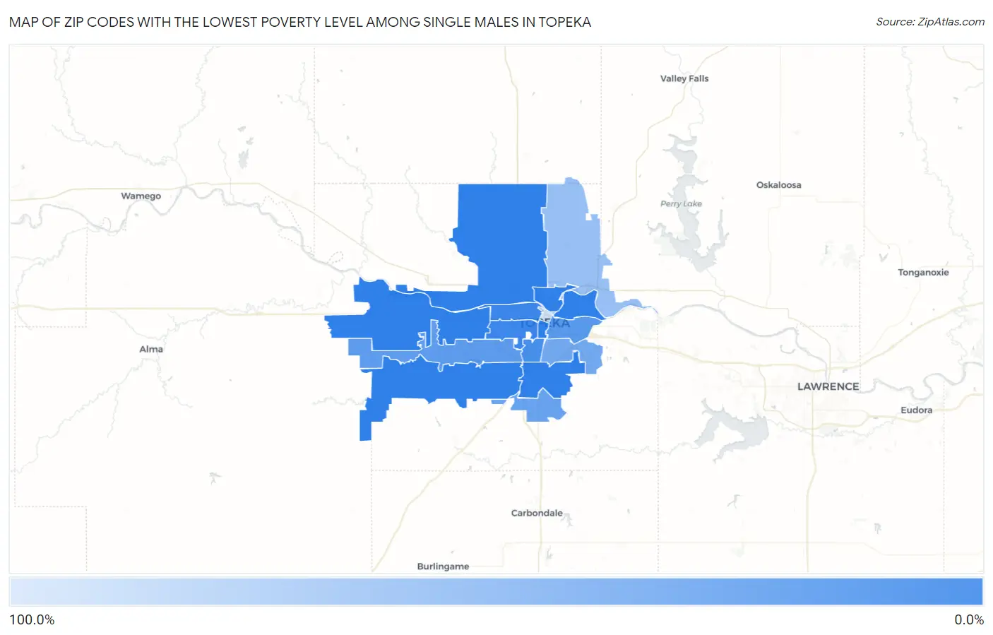Zip Codes with the Lowest Poverty Level Among Single Males in Topeka Map