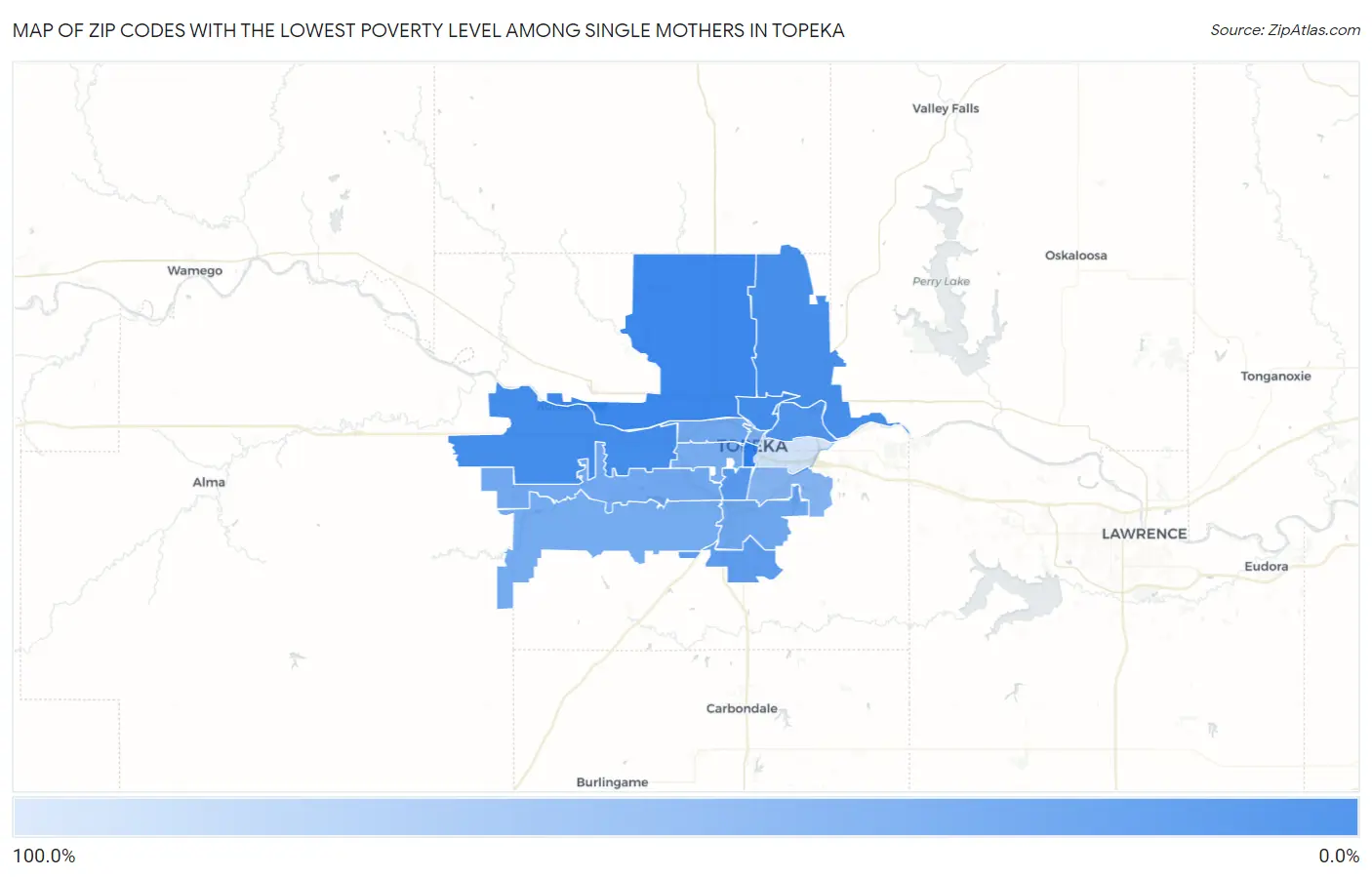 Zip Codes with the Lowest Poverty Level Among Single Mothers in Topeka Map