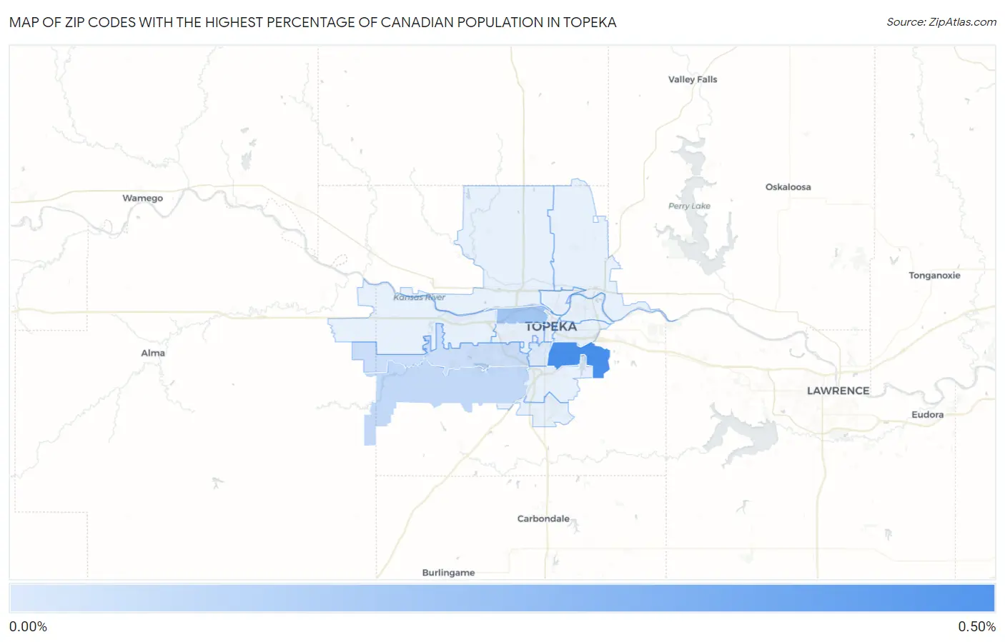 Zip Codes with the Highest Percentage of Canadian Population in Topeka Map