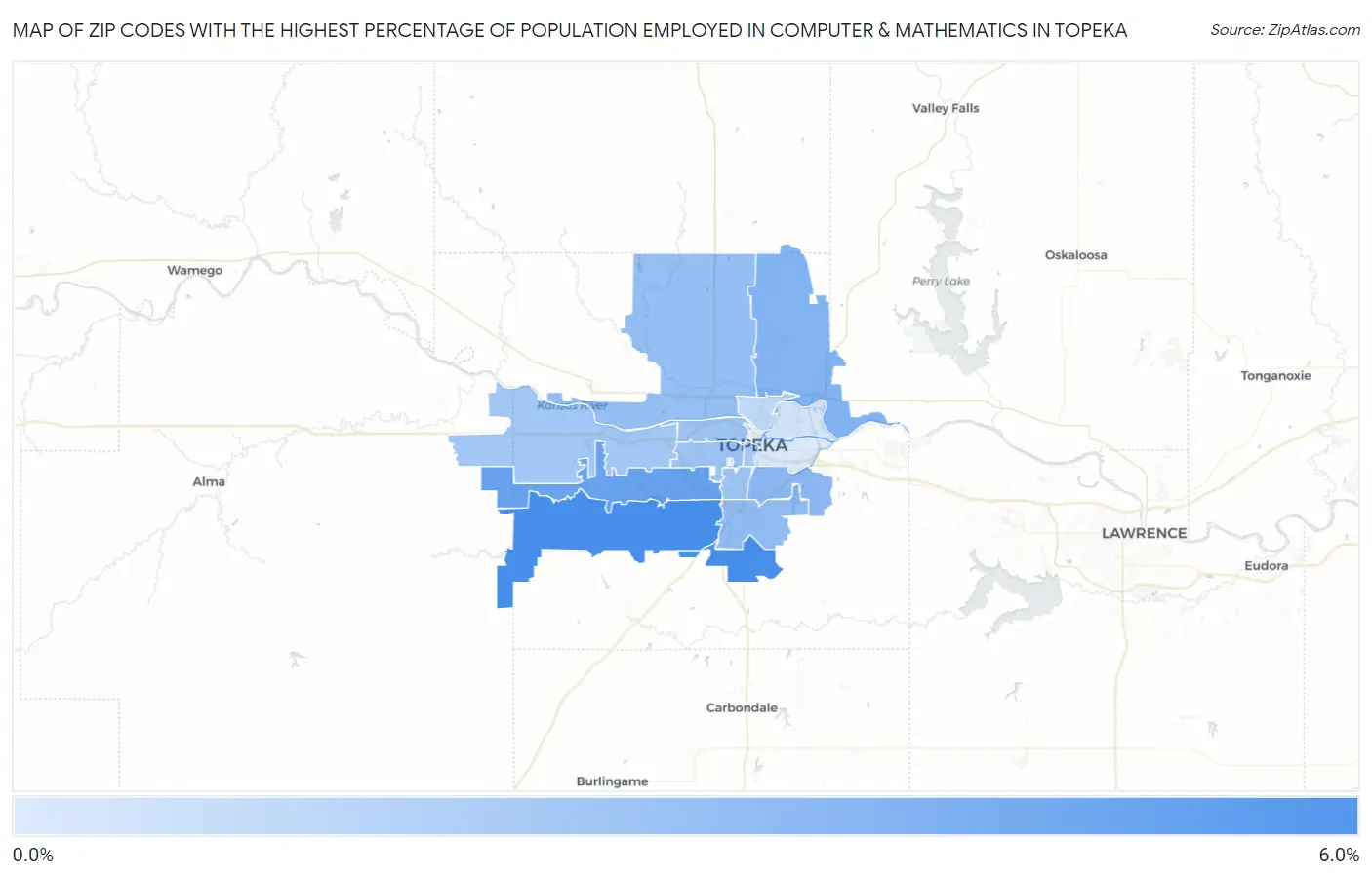Zip Codes with the Highest Percentage of Population Employed in Computer & Mathematics in Topeka Map