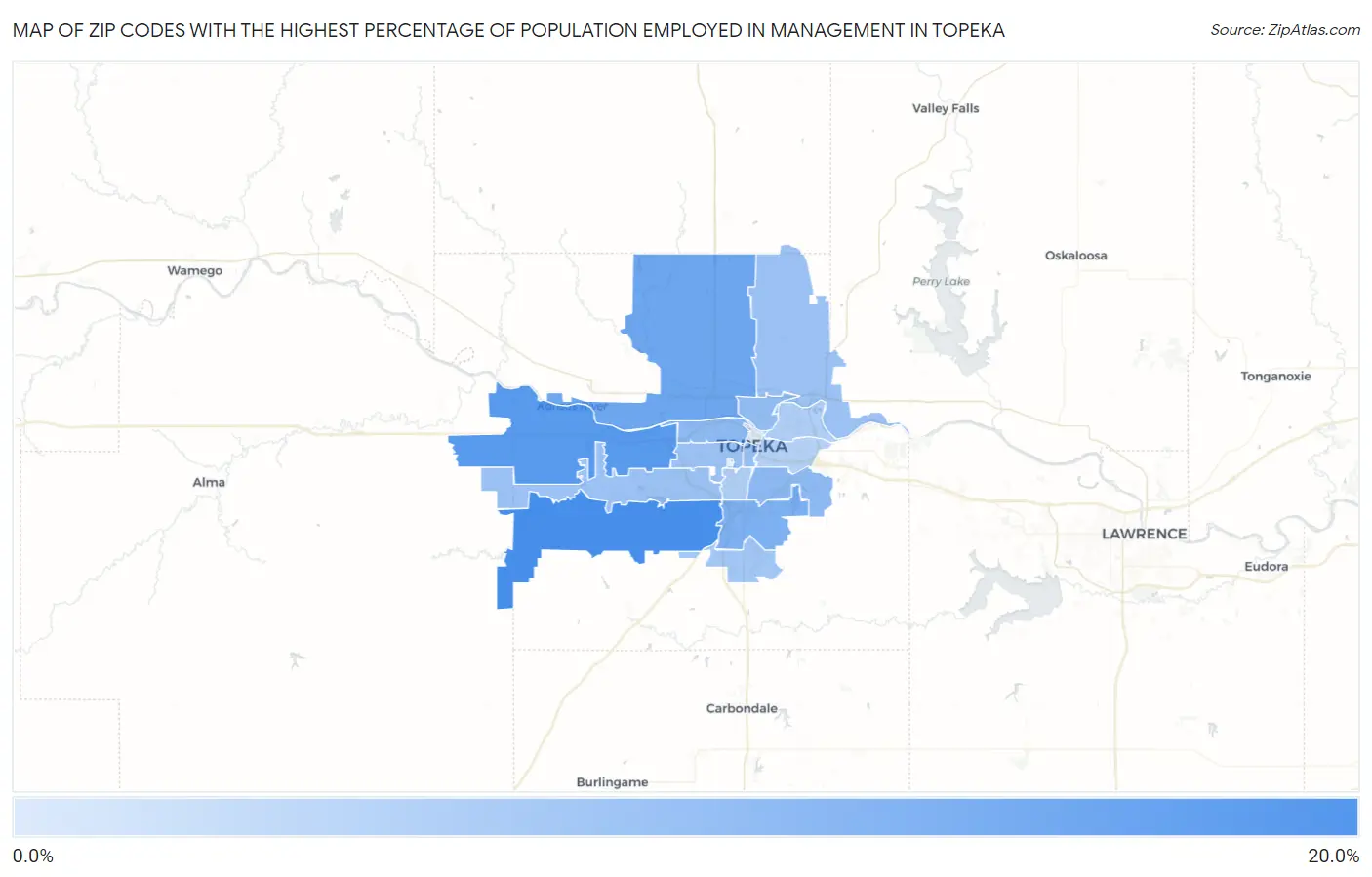 Zip Codes with the Highest Percentage of Population Employed in Management in Topeka Map