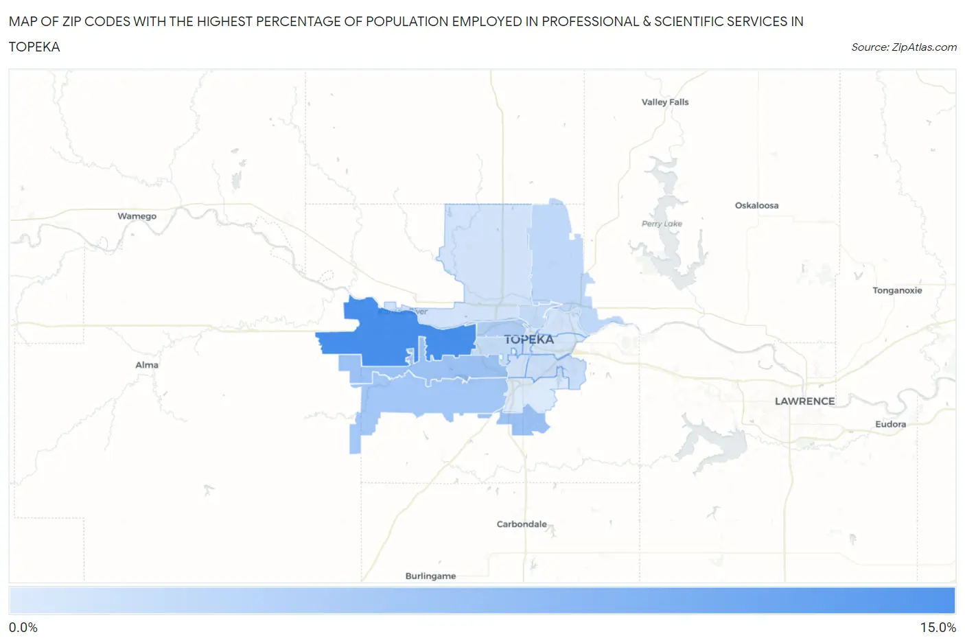 Zip Codes with the Highest Percentage of Population Employed in Professional & Scientific Services in Topeka Map