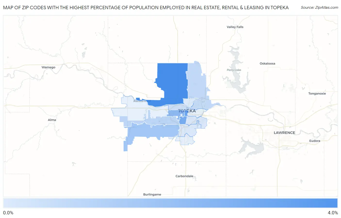 Zip Codes with the Highest Percentage of Population Employed in Real Estate, Rental & Leasing in Topeka Map