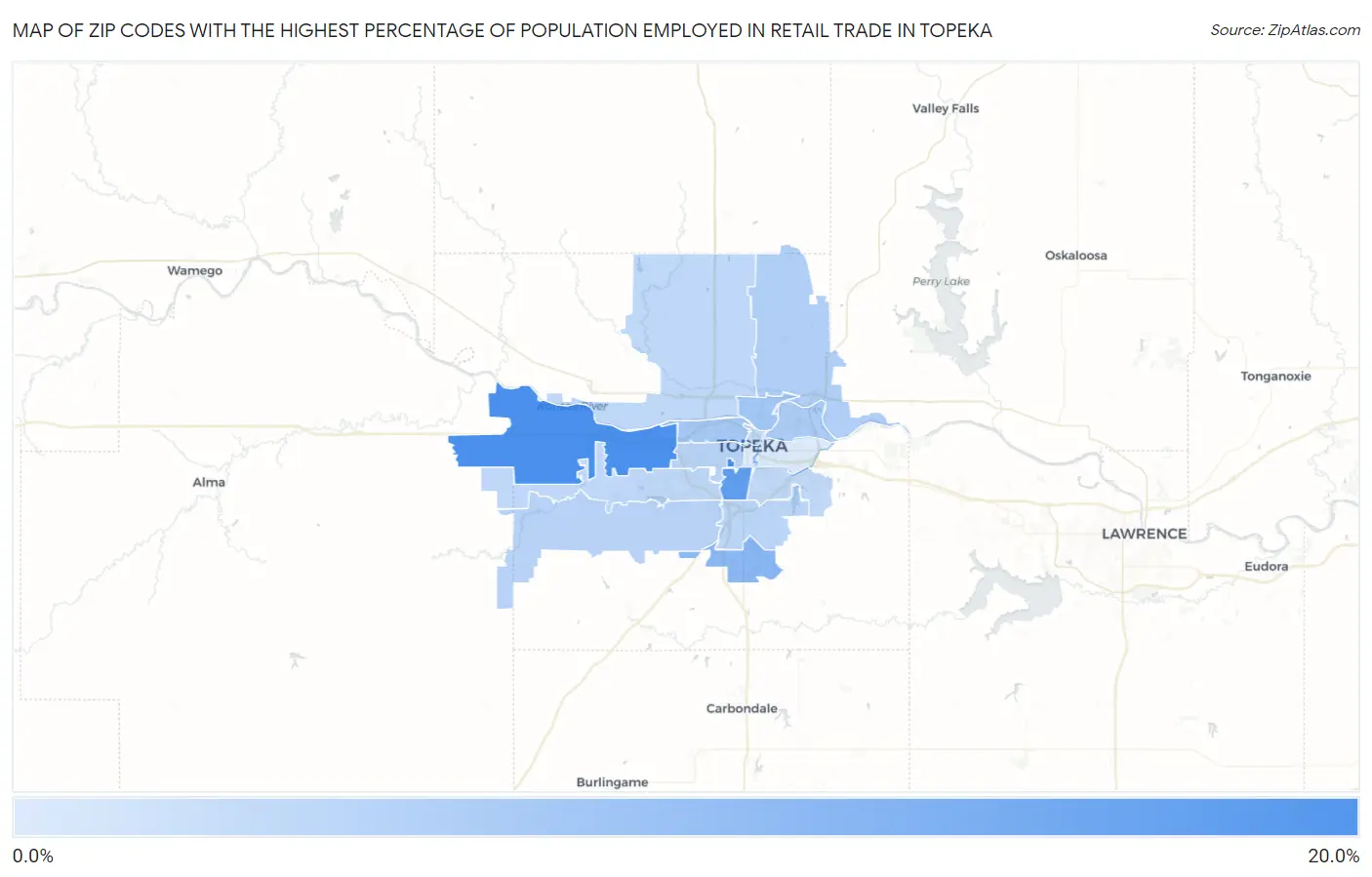 Zip Codes with the Highest Percentage of Population Employed in Retail Trade in Topeka Map
