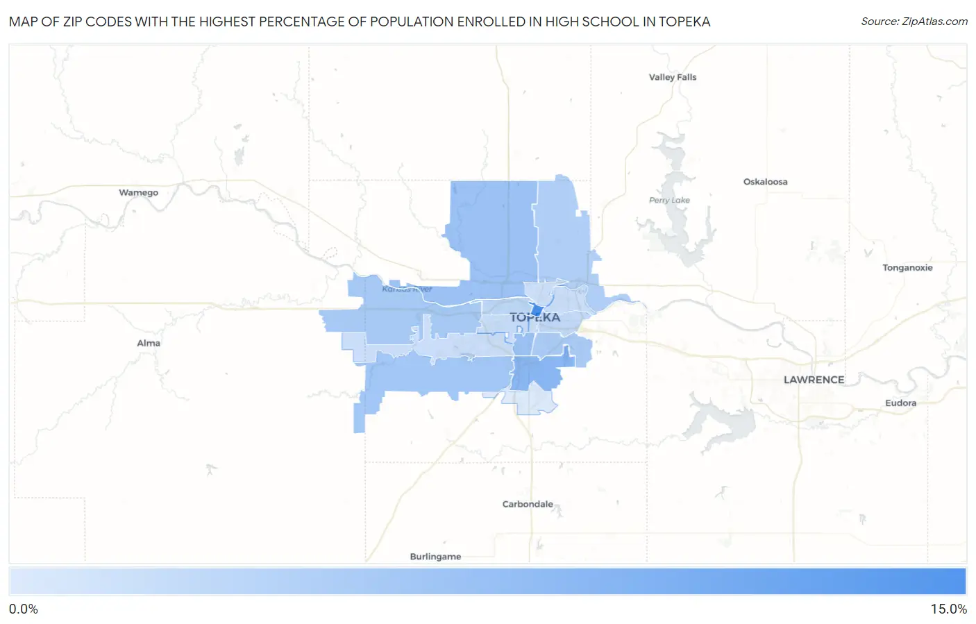 Zip Codes with the Highest Percentage of Population Enrolled in High School in Topeka Map