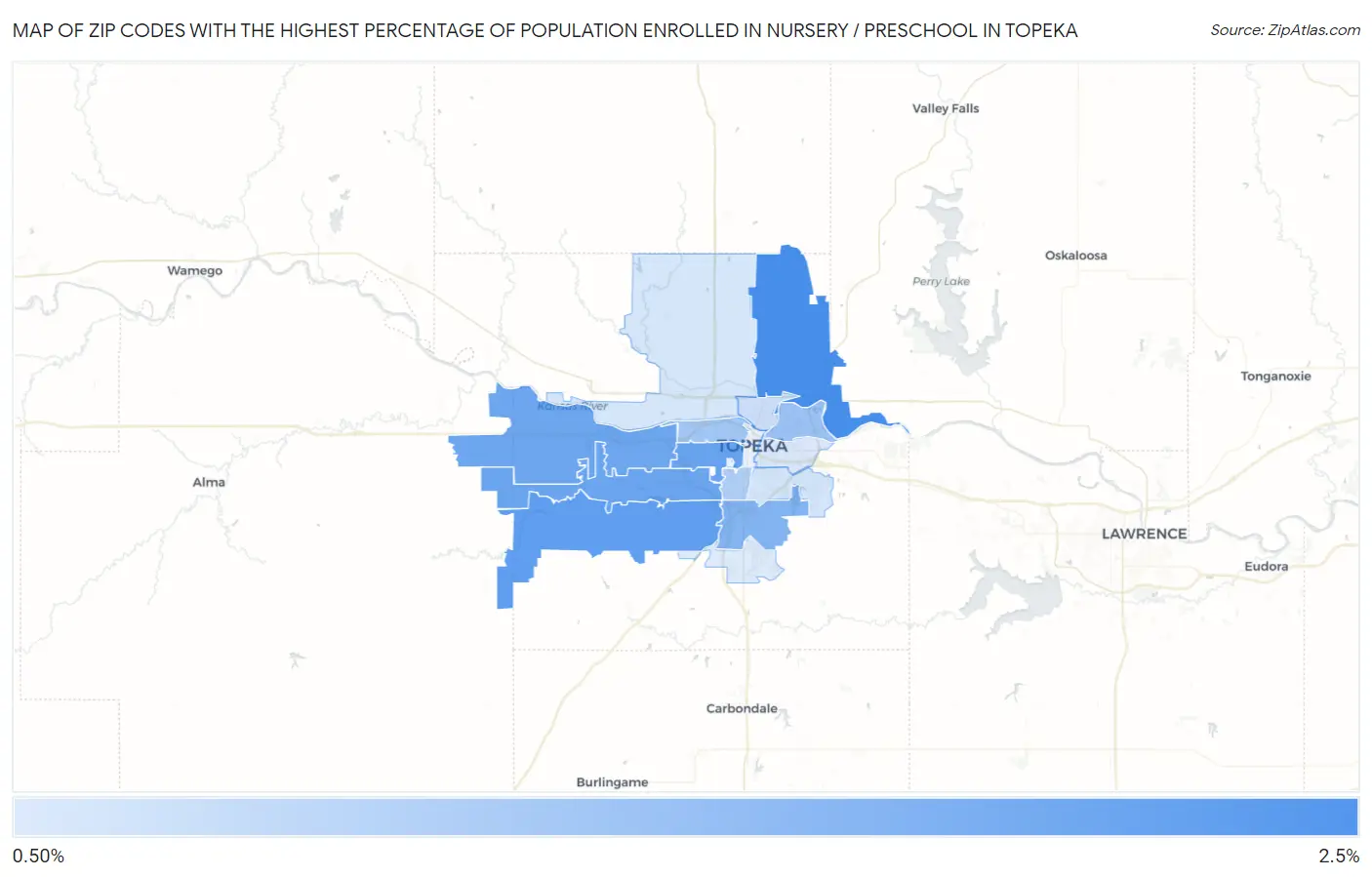 Zip Codes with the Highest Percentage of Population Enrolled in Nursery / Preschool in Topeka Map
