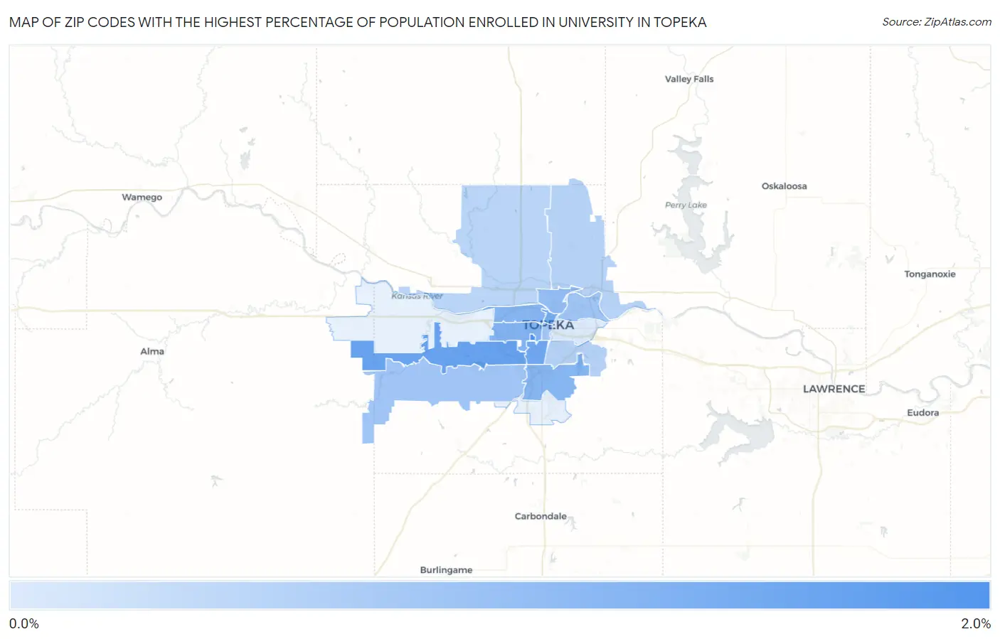 Zip Codes with the Highest Percentage of Population Enrolled in University in Topeka Map