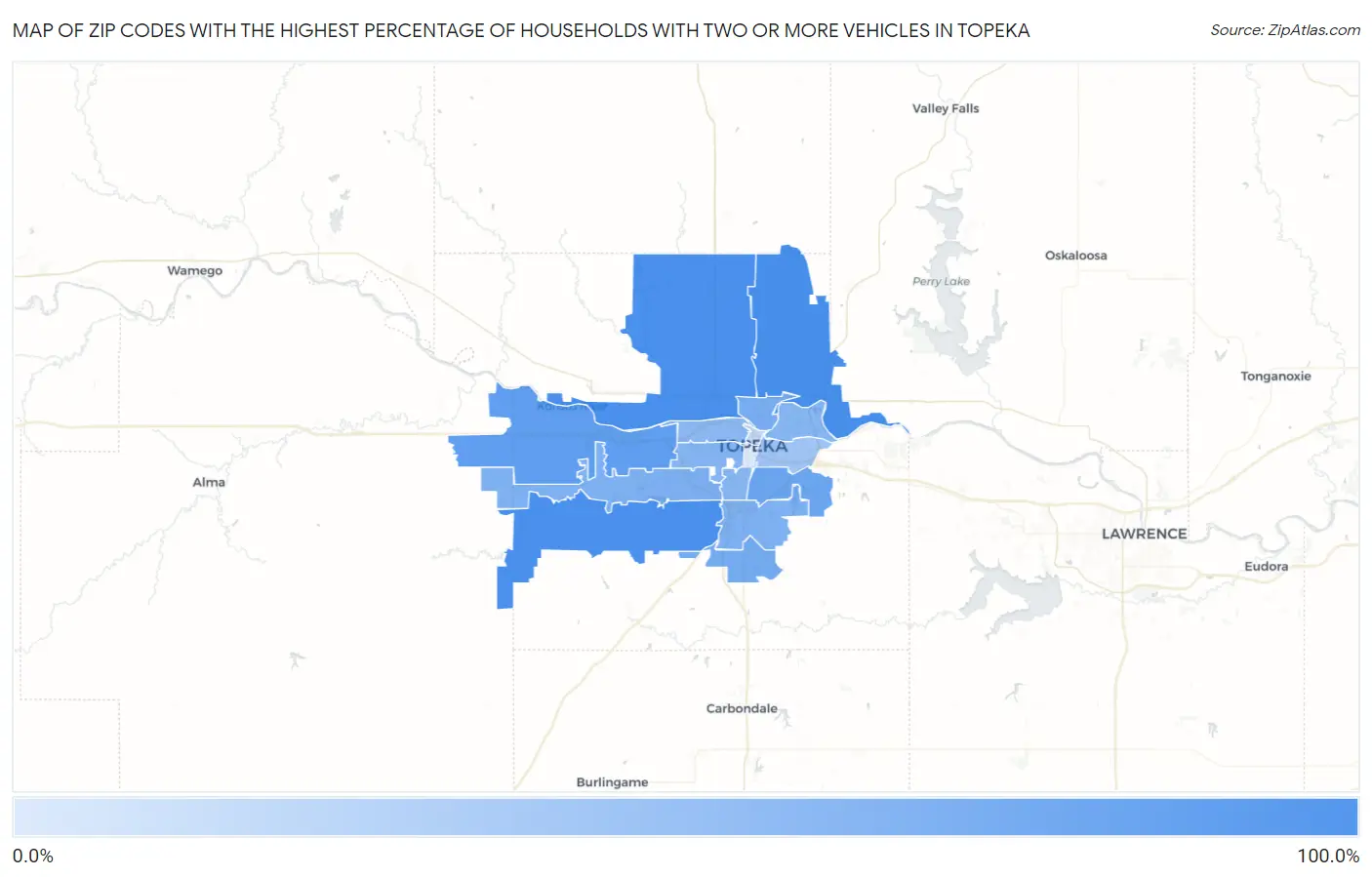 Zip Codes with the Highest Percentage of Households With Two or more Vehicles in Topeka Map