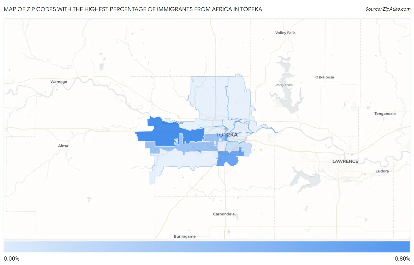 Zip Codes with the Highest Percentage of Immigrants from Africa in Topeka Map