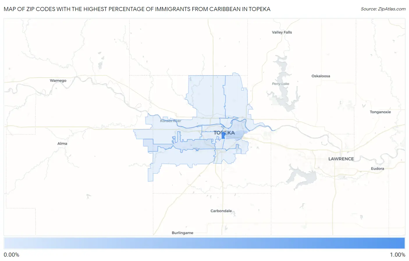 Zip Codes with the Highest Percentage of Immigrants from Caribbean in Topeka Map