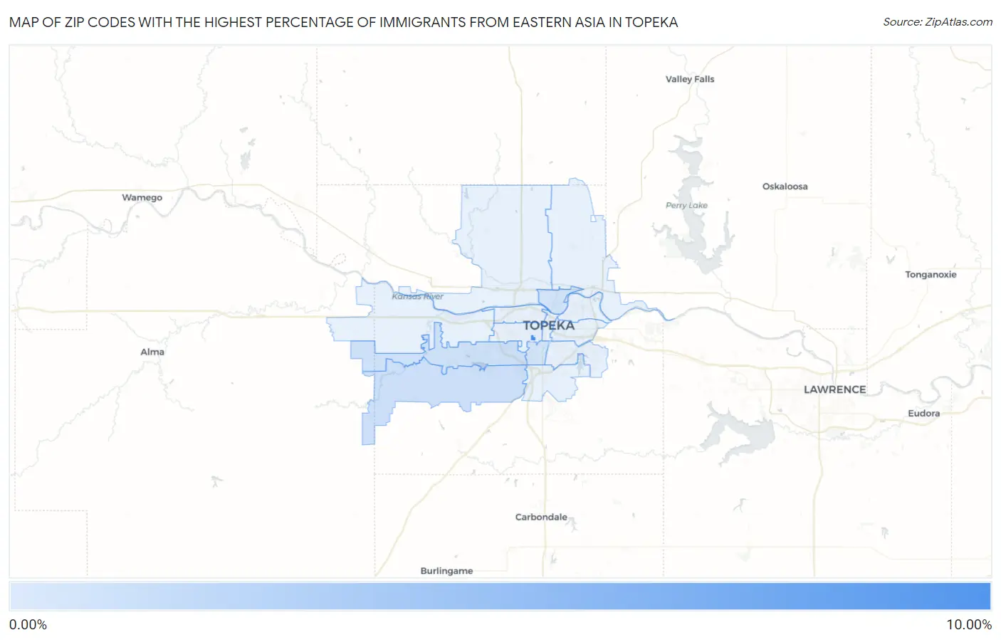 Zip Codes with the Highest Percentage of Immigrants from Eastern Asia in Topeka Map