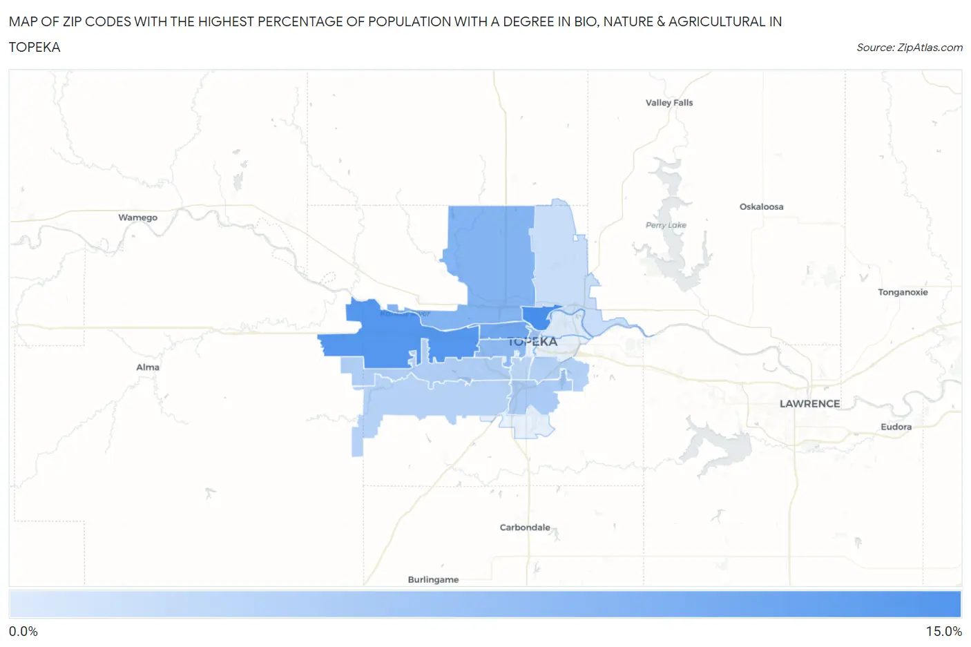 Zip Codes with the Highest Percentage of Population with a Degree in Bio, Nature & Agricultural in Topeka Map