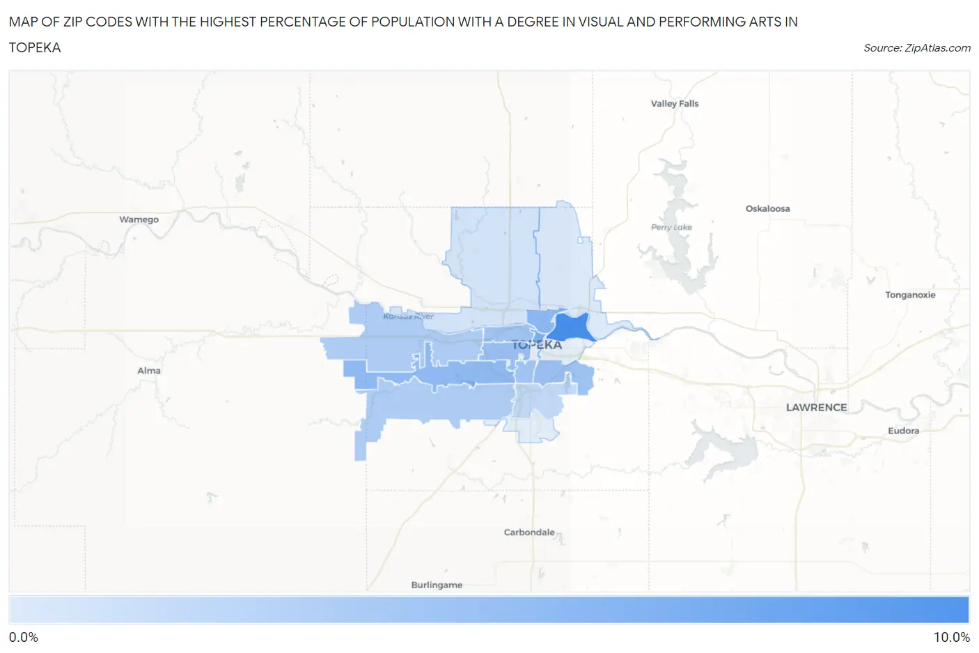 Zip Codes with the Highest Percentage of Population with a Degree in Visual and Performing Arts in Topeka Map