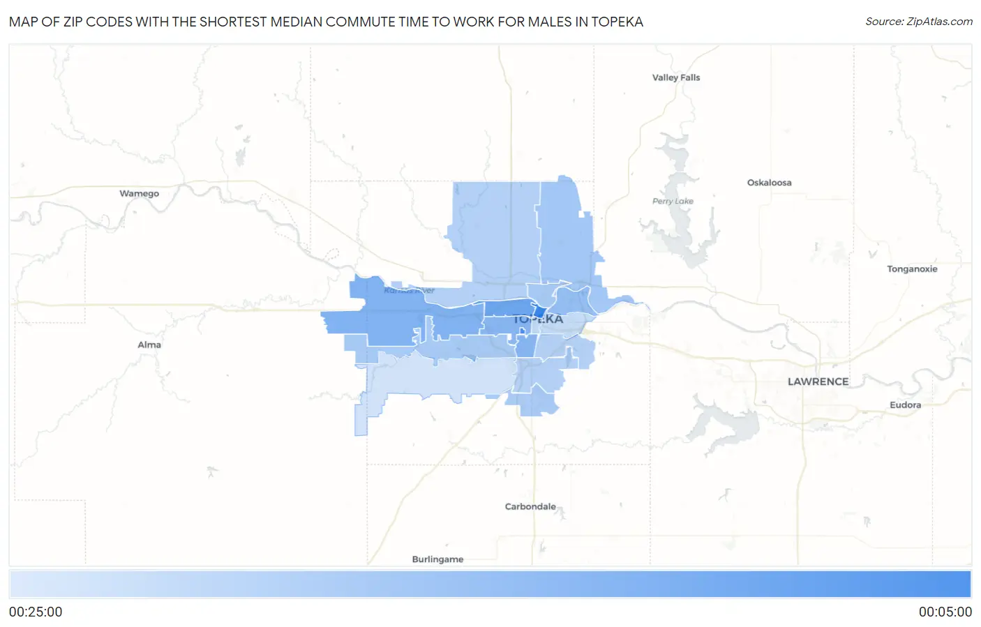 Zip Codes with the Shortest Median Commute Time to Work for Males in Topeka Map