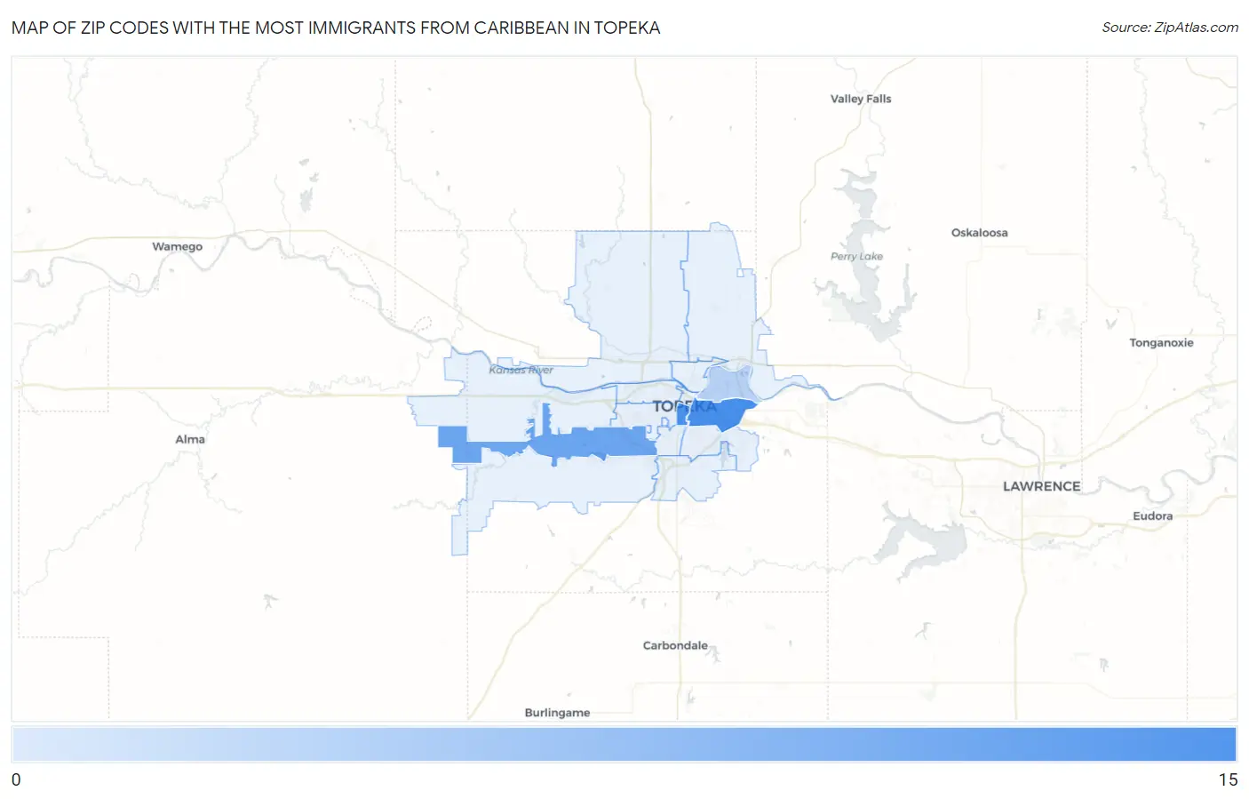 Zip Codes with the Most Immigrants from Caribbean in Topeka Map
