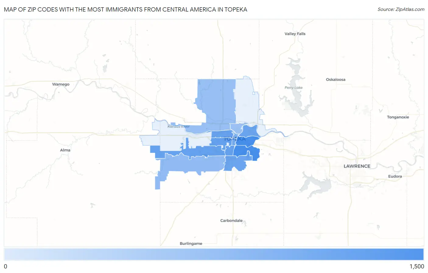 Zip Codes with the Most Immigrants from Central America in Topeka Map