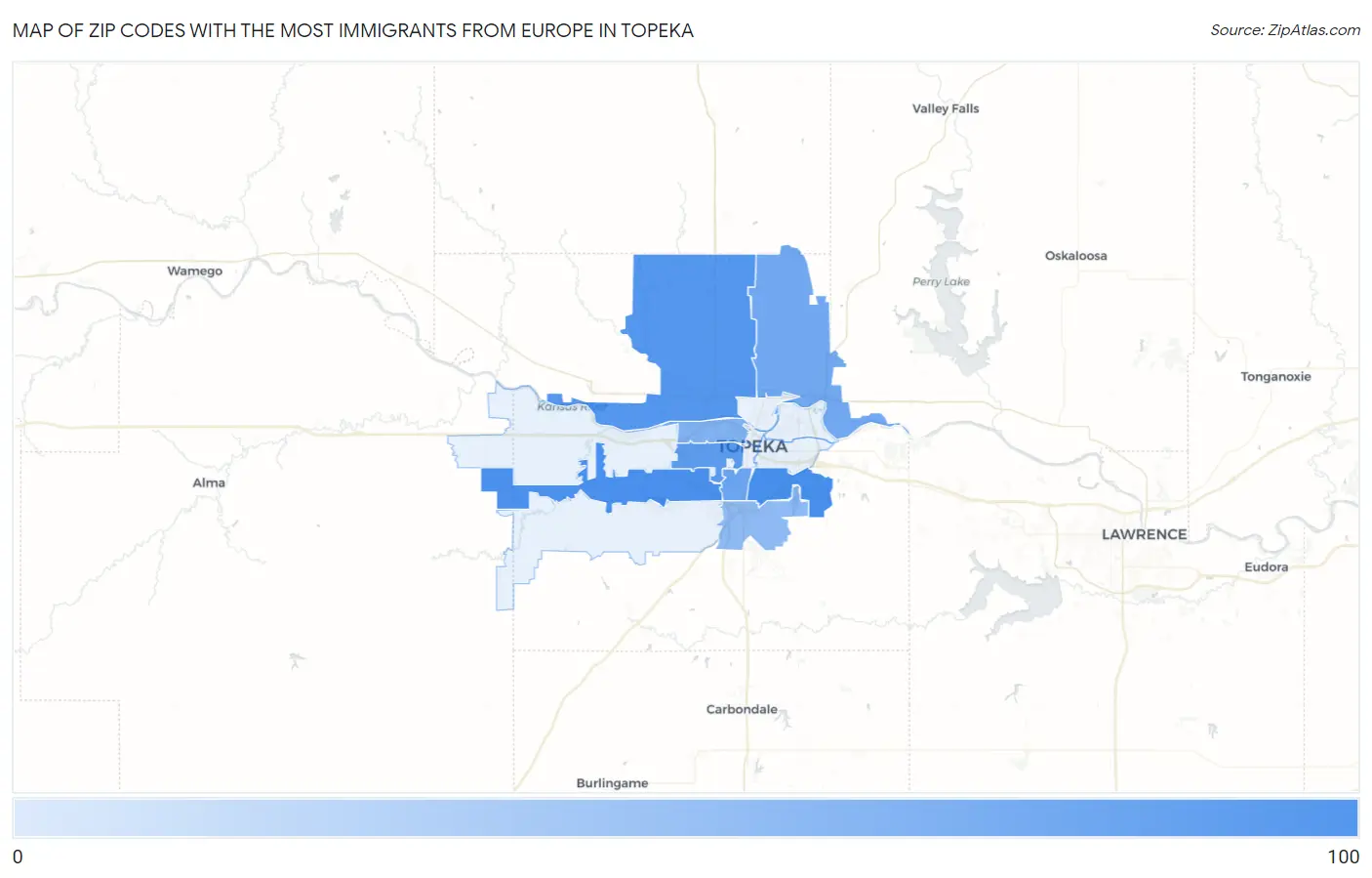 Zip Codes with the Most Immigrants from Europe in Topeka Map