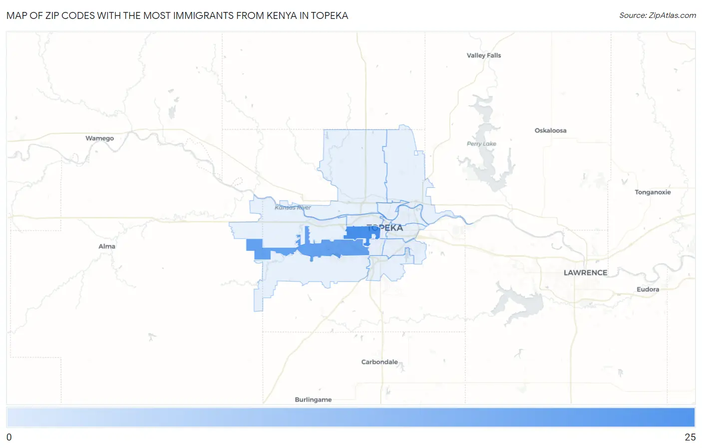 Zip Codes with the Most Immigrants from Kenya in Topeka Map