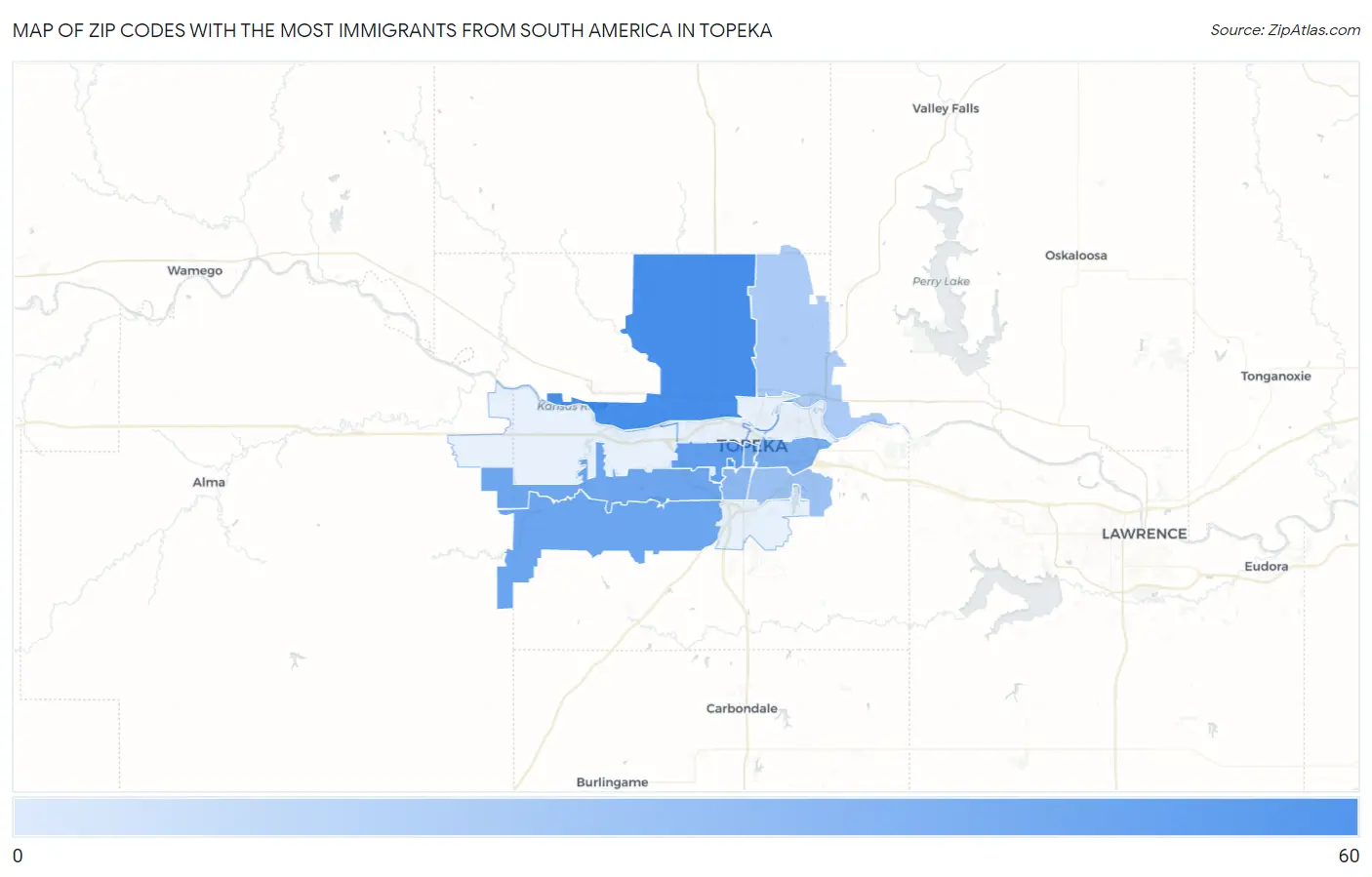 Zip Codes with the Most Immigrants from South America in Topeka Map