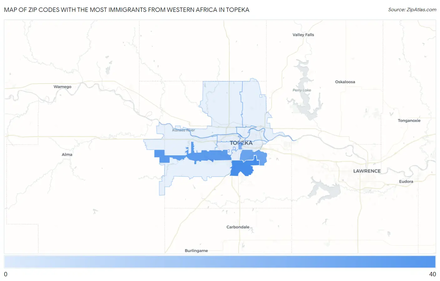 Zip Codes with the Most Immigrants from Western Africa in Topeka Map