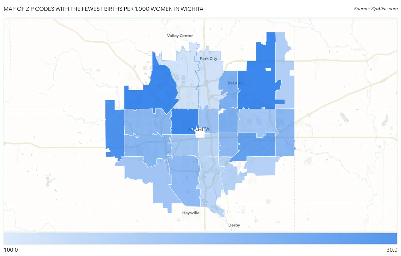 Zip Codes with the Fewest Births per 1,000 Women in Wichita Map