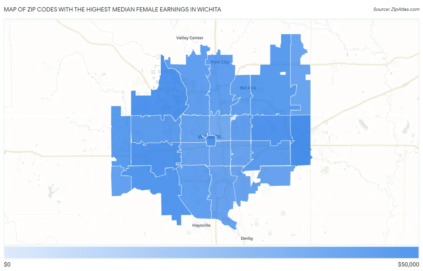 Zip Codes with the Highest Median Female Earnings in Wichita Map