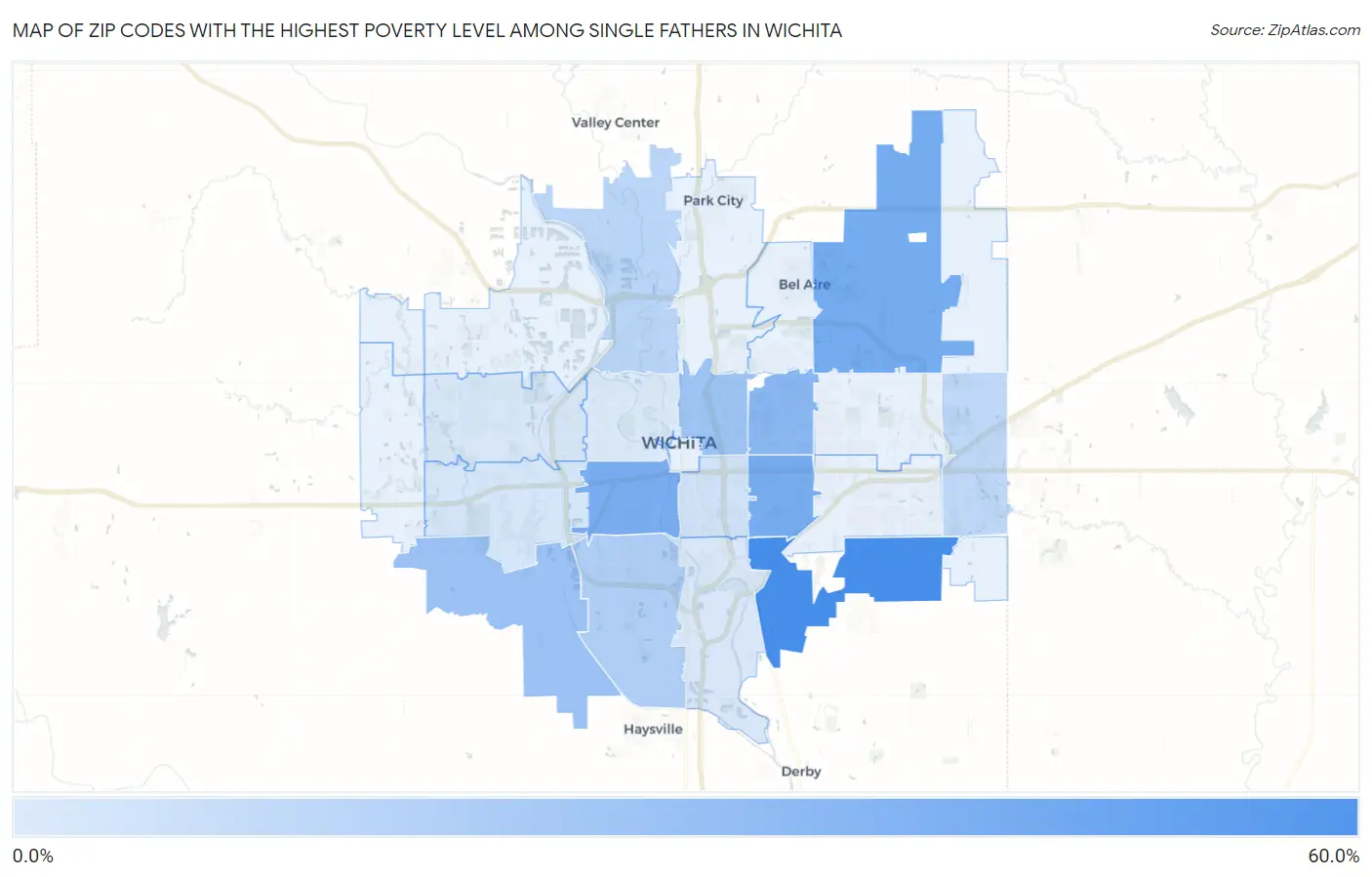 Zip Codes with the Highest Poverty Level Among Single Fathers in Wichita Map