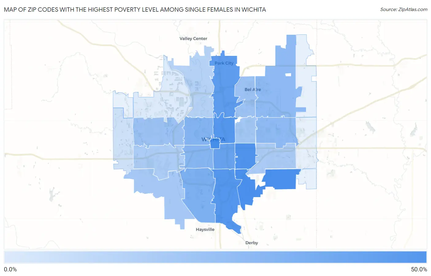 Zip Codes with the Highest Poverty Level Among Single Females in Wichita Map
