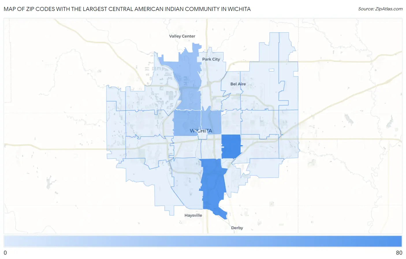 Zip Codes with the Largest Central American Indian Community in Wichita Map