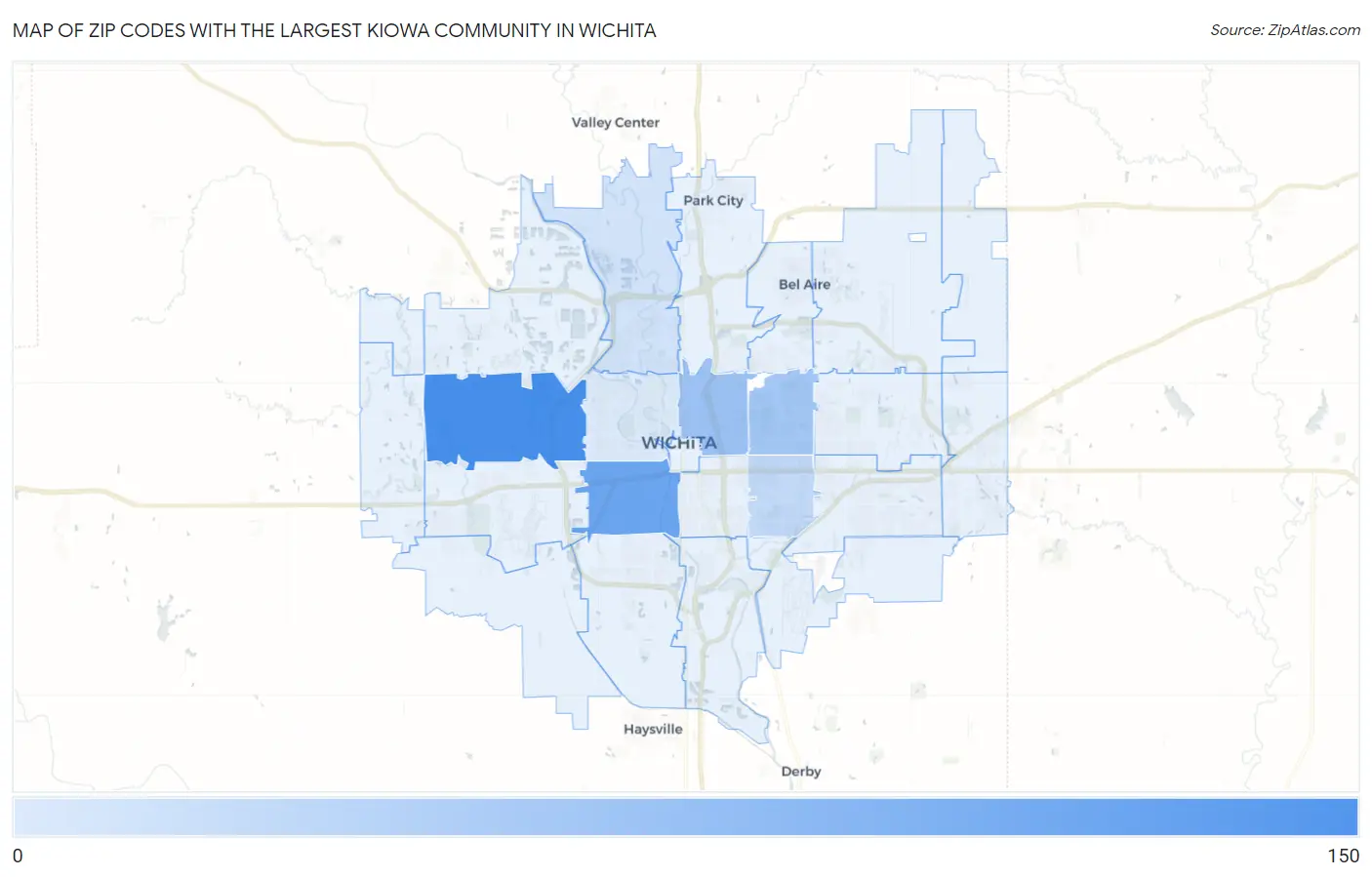 Zip Codes with the Largest Kiowa Community in Wichita Map