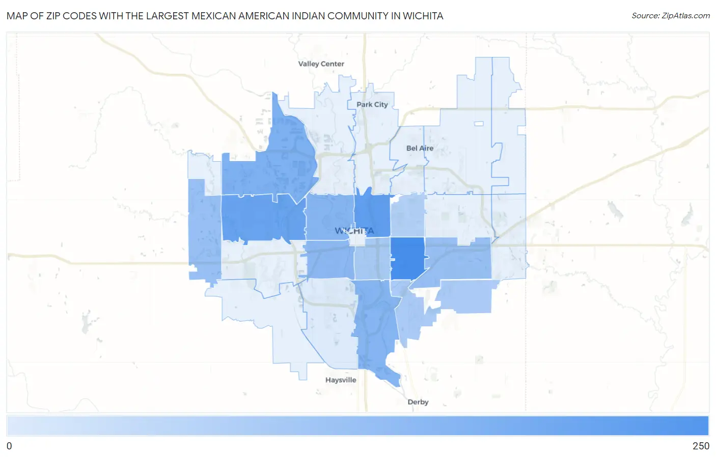 Zip Codes with the Largest Mexican American Indian Community in Wichita Map