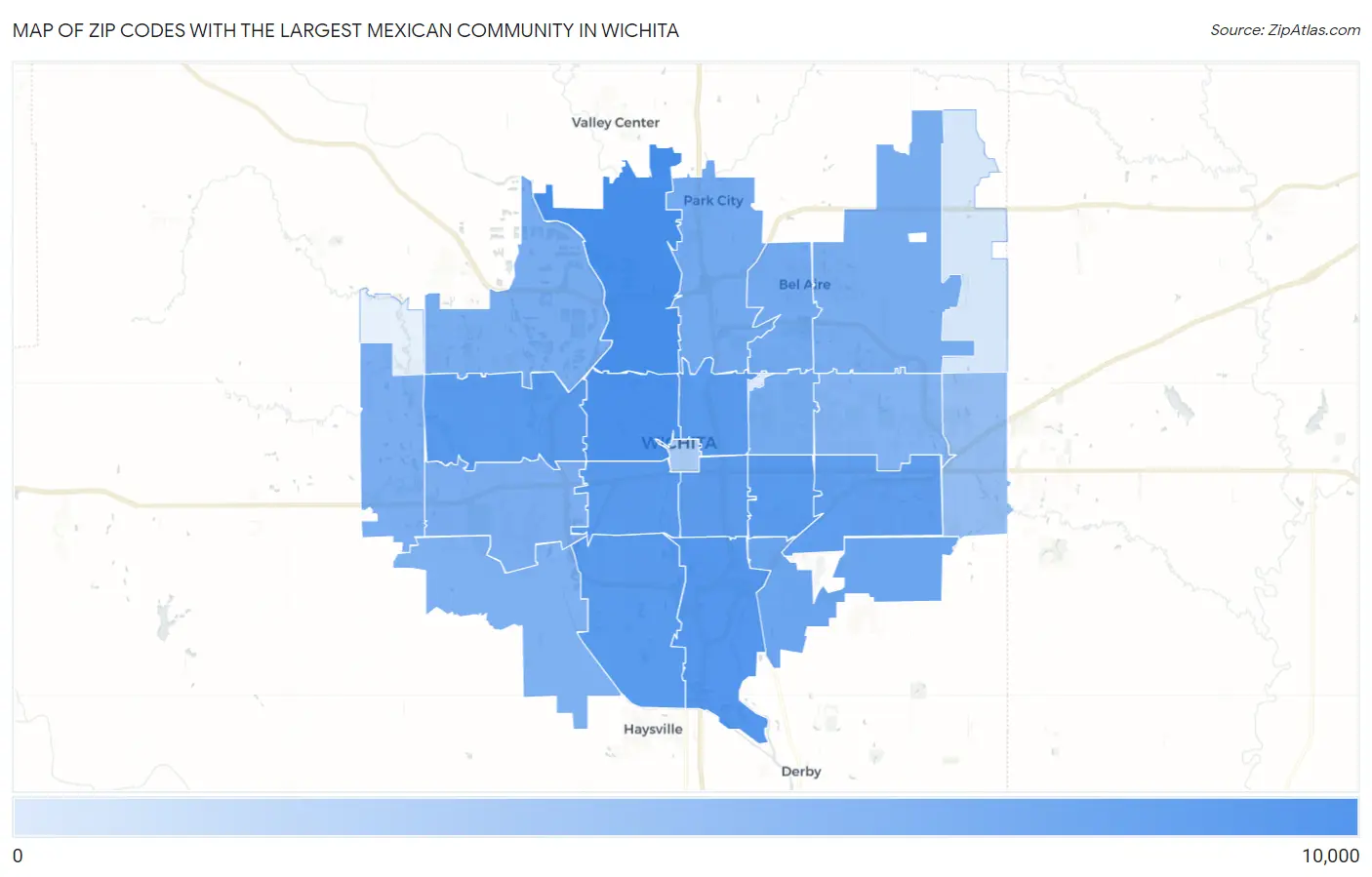 Zip Codes with the Largest Mexican Community in Wichita Map