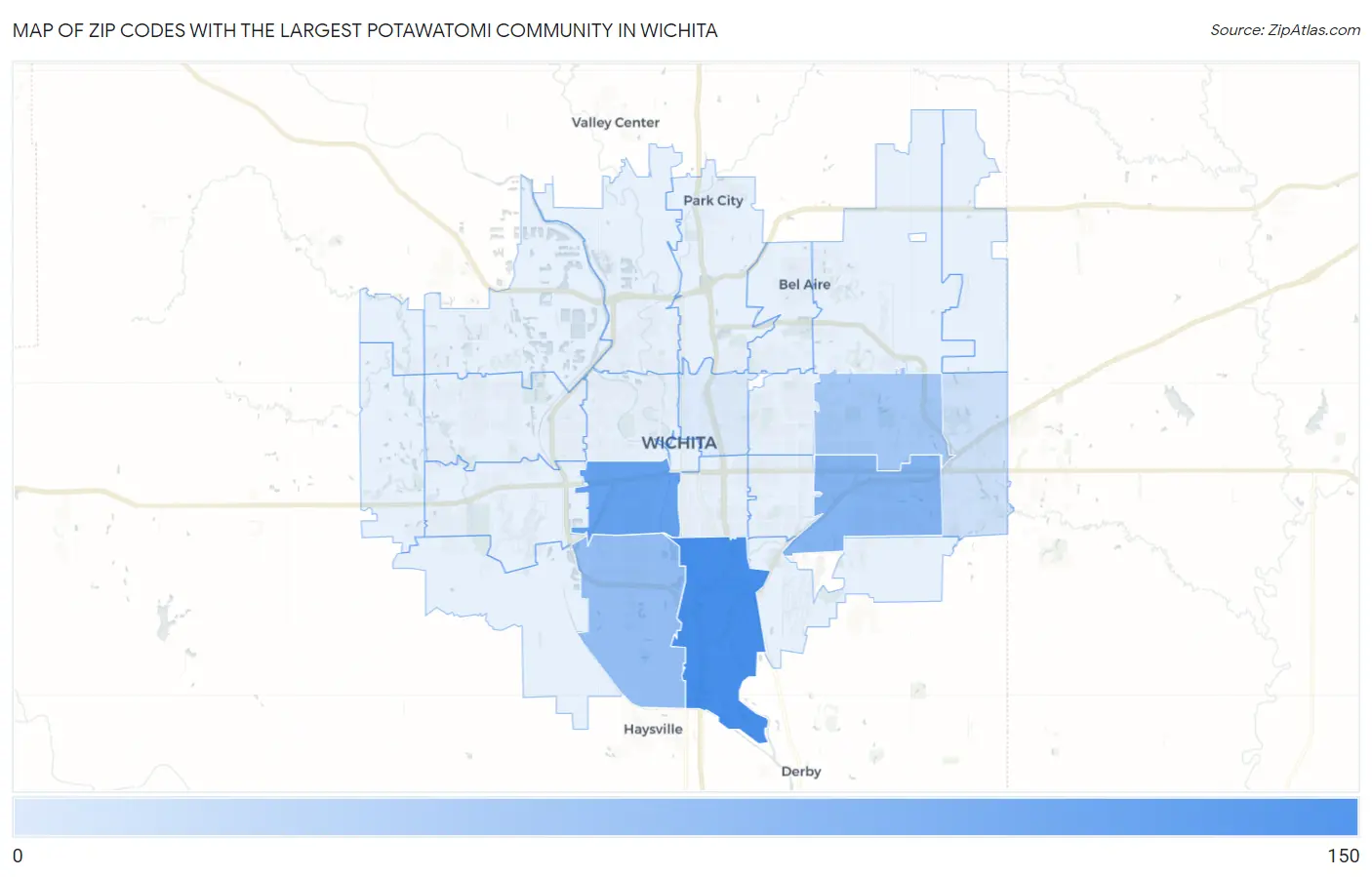 Zip Codes with the Largest Potawatomi Community in Wichita Map